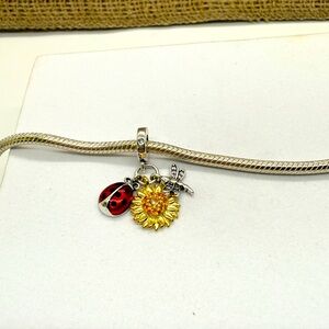 Nature Garden Charm Bead Sterling Silver Sunflower Ladybug Dragonfly